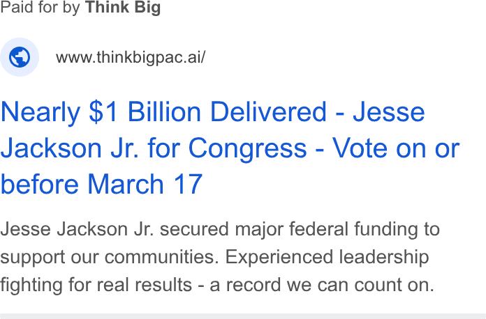 Nearly $1 Billion Delivered - Jesse Jackson Jr. for Congress - Vote on or before March 17 Jesse Jackson Jr. secured major federal funding to support our communities. Experienced leadership fighting for real results - a record we can count on.