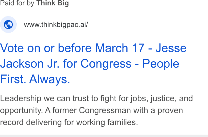 Vote on or before March 17 - Jesse Jackson Jr. for Congress - People First. Always. Leadership we can trust to fight for jobs, justice, and opportunity. A former Congressman with a proven record delivering for working families.