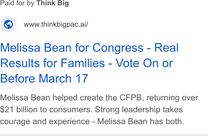 Melissa Bean for Congress - Real Results for Families - Vote On or Before March 17 Melissa Bean helped create the CFPB, returning over $21 billion to consumers. Strong leadership takes courage and experience - Melissa Bean has both.