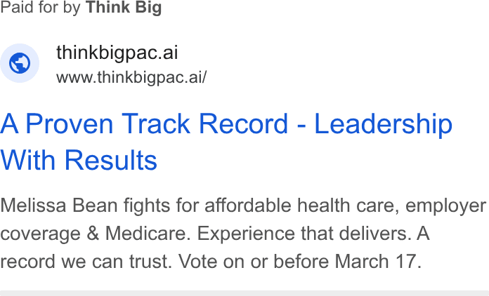 A Proven Track Record - Leadership With Results Melissa Bean fights for affordable health care, employer coverage & Medicare. Experience that delivers. A record we can trust. Vote on or before March 17.